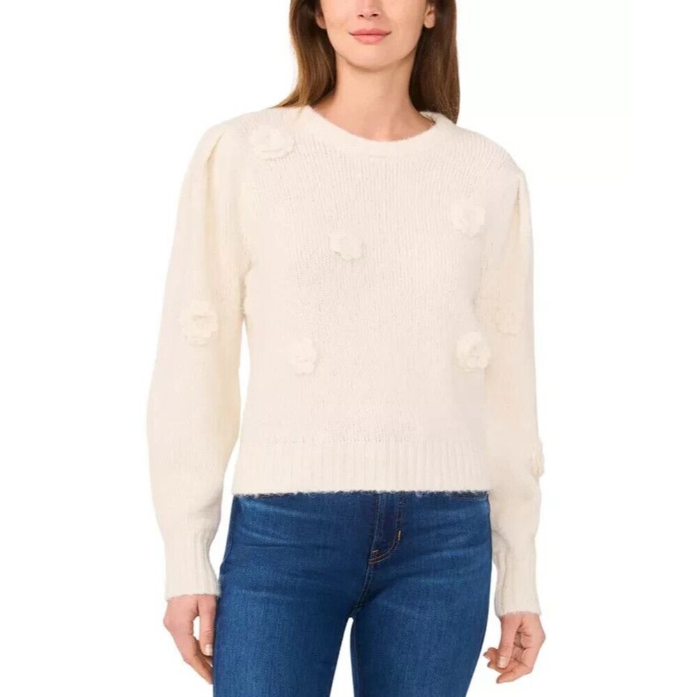 CeCe Women's 3D Floral Applique Super Soft and Cozy Sweater Cream Off White S